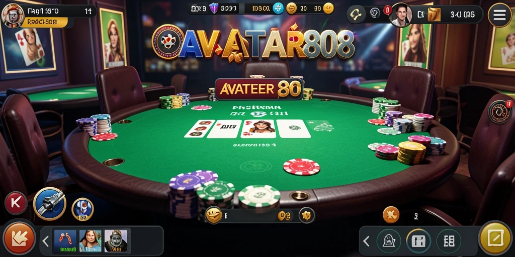 Screenshot utama AVATAR808 yang menunjukkan keseruan gameplay Poker dengan pemain aktif.