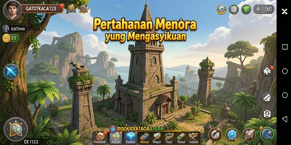 Tampilan permainan GATOTKACA123 dengan grafis menara pertahanan yang epik.