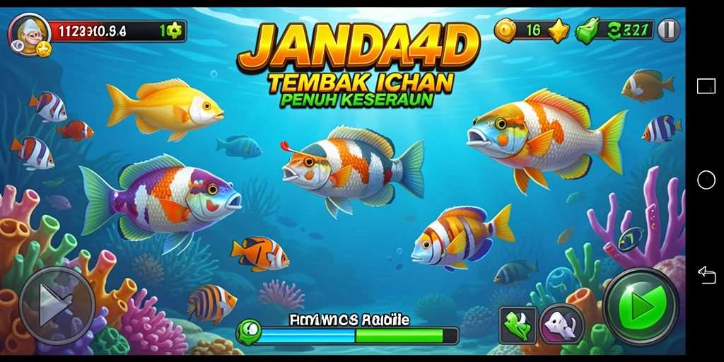 Tampilan gameplay seru dalam JANDA4D dengan berbagai ikan menunggu untuk ditembak.