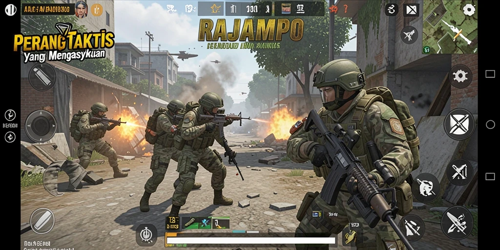 Screenshot utama RAJAMPO menampilkan aksi pertempuran taktis yang mendebarkan.